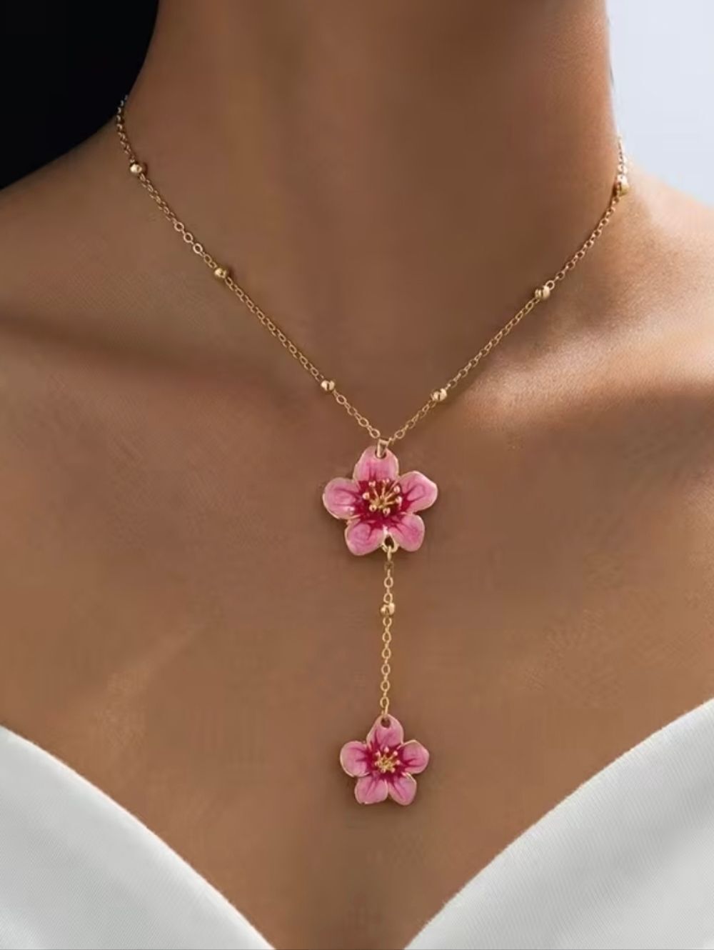 Gold Plated Five Petal Pink Flower Necklace